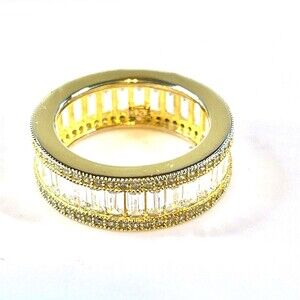 925 Sterling Silver CZ Bars Surround Band W/Crystals Each Side Gold Overlay Sz 7